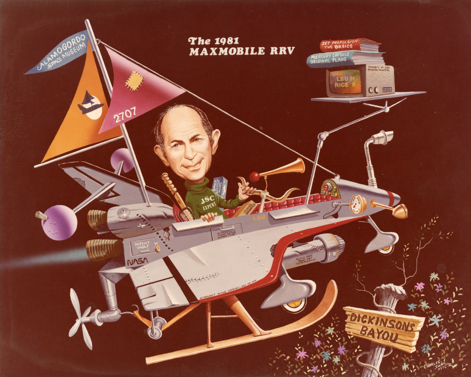 The 1981 Max Mobile RRV. This caricature shows Faget as he readies for retirement in his “RRV” – Retirement, Recreation Vehicle – a combination of a space shuttle, motorboat, sail plane, and seaplane. Note the flag atop the mast. (courtesy of Maxime A. Faget Collection at the University of Houston-Clear Lake)