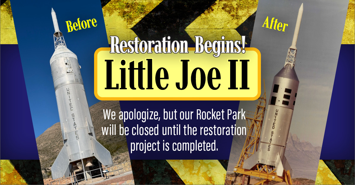 A before and expected after photo of the Little Joe 2 Rocket that will be refurbished. Rocket Park will be closed
