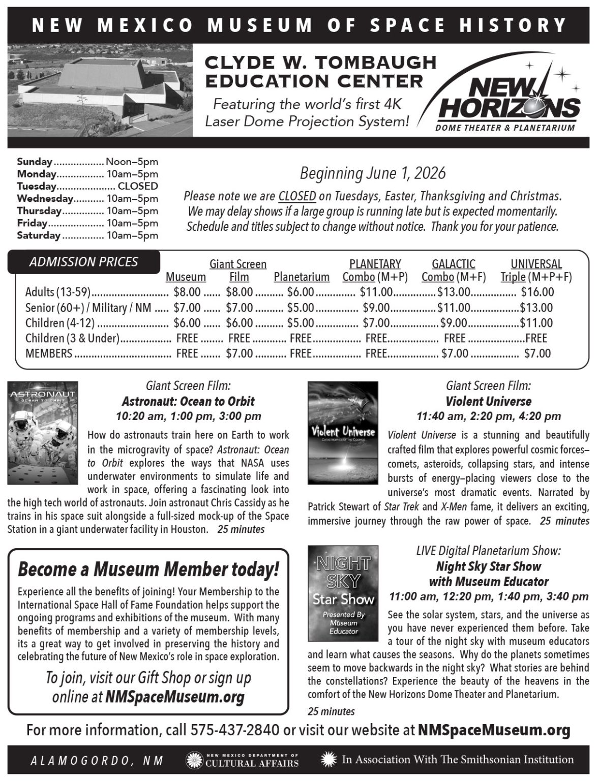 New Horizons Dome Theater Schedule Beginning June 1, 2026